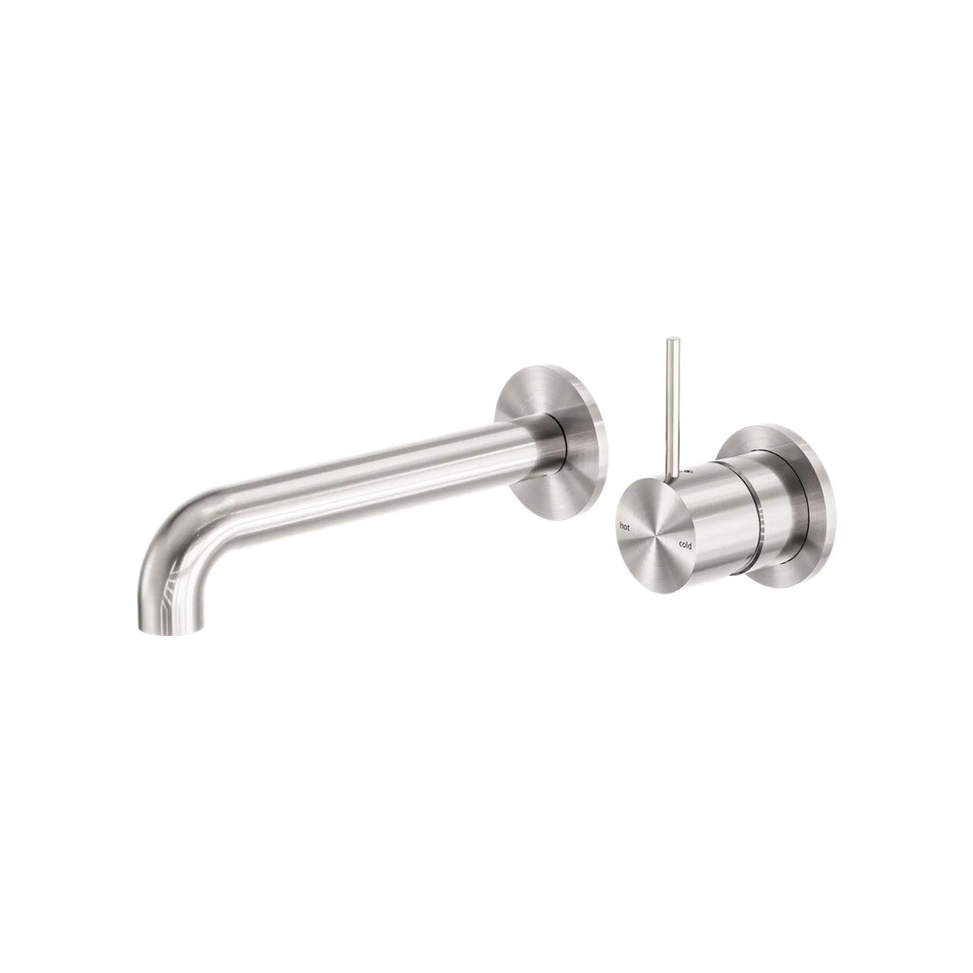 Nero Mecca Wall Basin Mixer Separate Back Plate Handle Up 230mm Spout Brushed Nickel