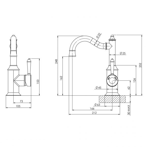Phoenix Nostalgia Basin Mixer 160mm Shepherds Crook – Lead Free - Design 10