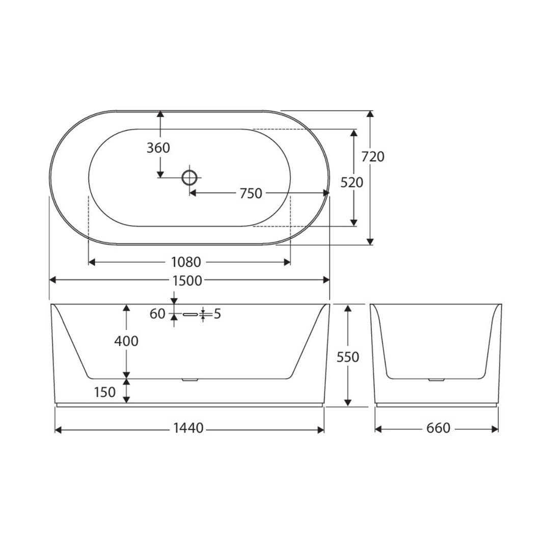 Fienza Empire Slim Solid Surface Freestanding Bath 1500mm