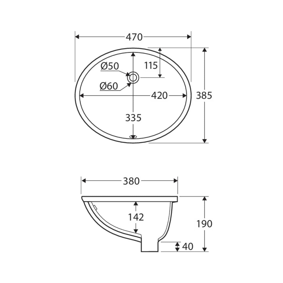 Fienza Karmen Oval Undermount Basin overflow 470mm x 385mm