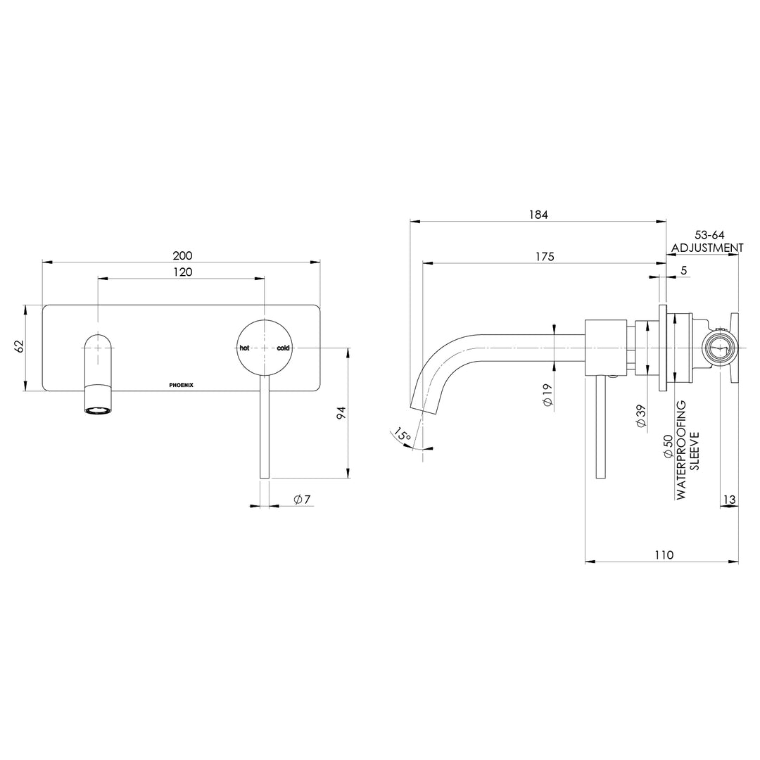 Phoenix Vivid Slimline SwitchMix Wall Basin / Bath Mixer Set 180mm (Complete Kit) - Design 10
