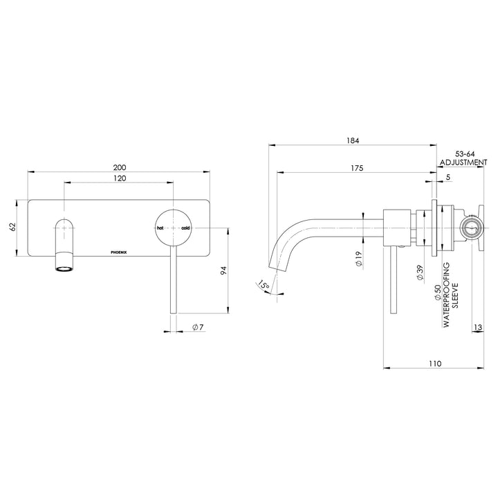 Phoenix Vivid Slimline SwitchMix Wall Basin / Bath Mixer Set 180mm (Complete Kit) - Design 10