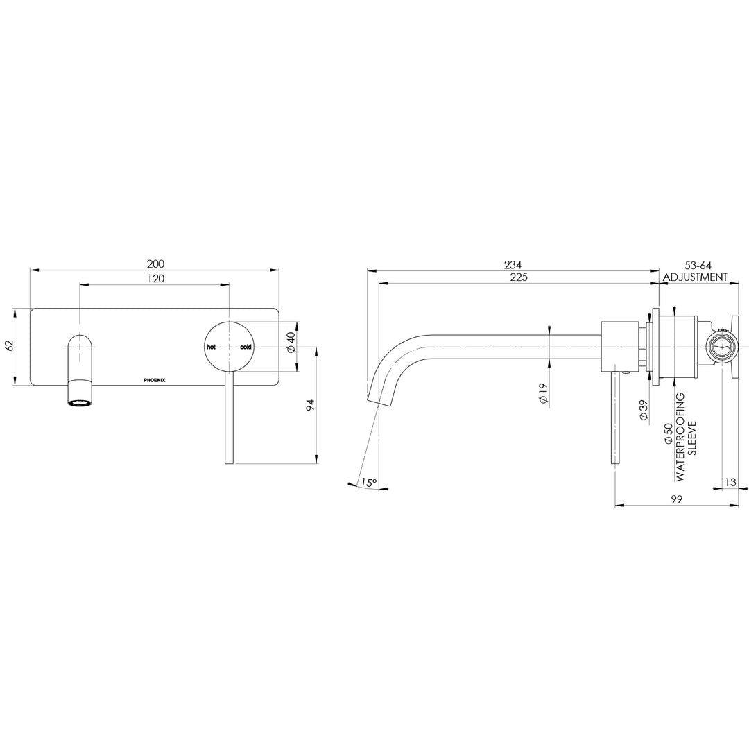 Phoenix Vivid Slimline SwitchMix Wall Basin / Bath Mixer Set 230mm (Complete Kit) – Lead Free - Design 10