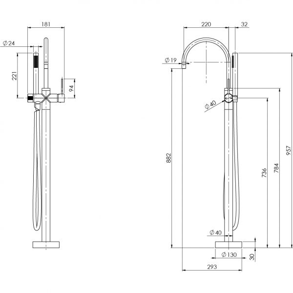 Phoenix Vivid Slimline Floor Mounted Bath Mixer with Hand Shower - Design 10