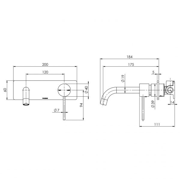 Phoenix Vivid Slimline Wall Bath Mixer Set 180mm Curved - Design 10
