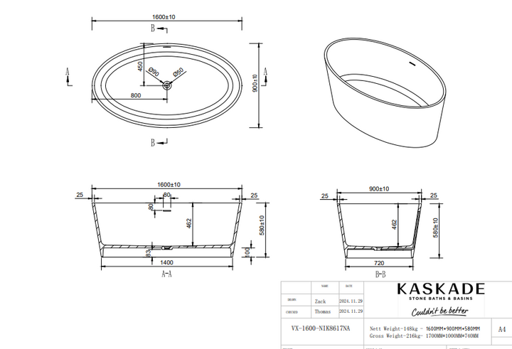 Kaskade Lyka VX15-1600 Freestanding Oval Stone Bath - Design 10