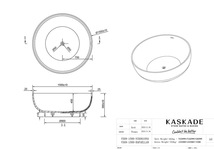 Kaskade Rafaella Round Freestanding Stone Bath 1500mm