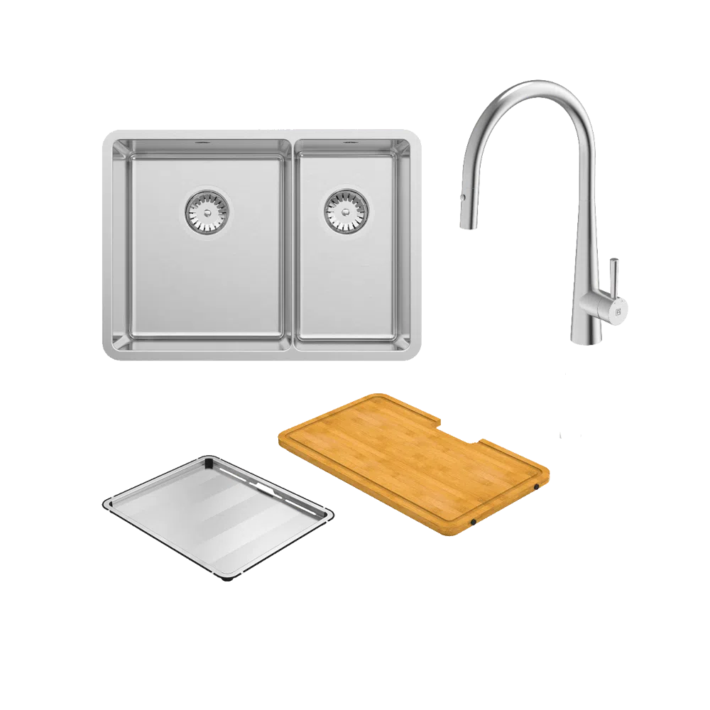 Abey Lucia Small Bowl + Three Quarter With KTA014-BR Kitchen Mixer, Drain Tray + Cutting Board