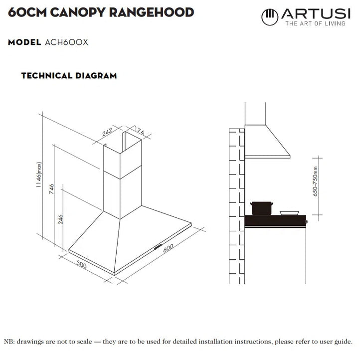 Artusi 60cm Canopy Rangehood Stainless Steel
