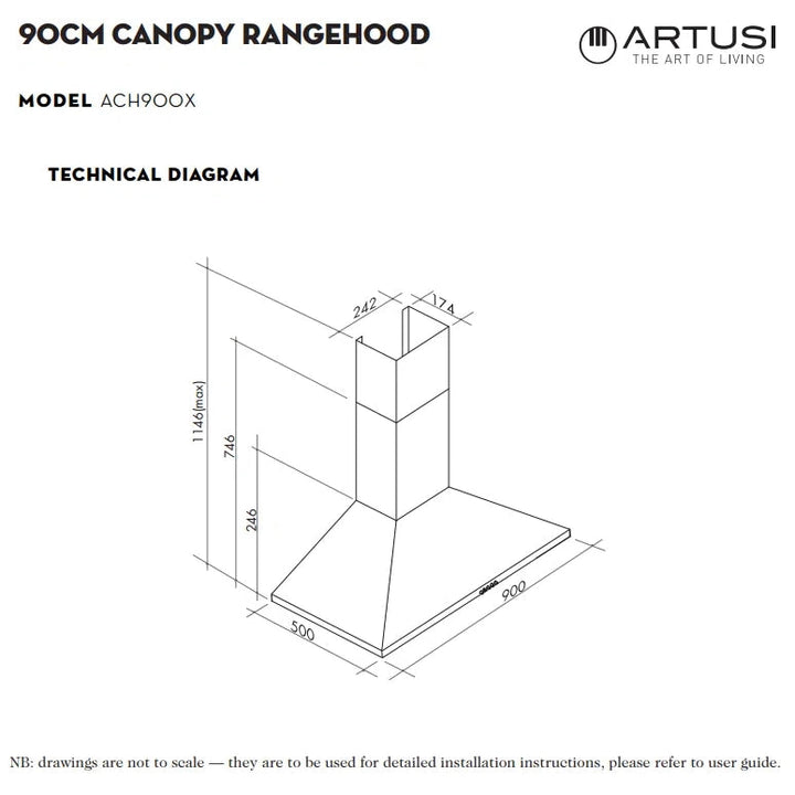 Artusi 90cm Canopy Rangehood Charcoal Filter Stainless Steel