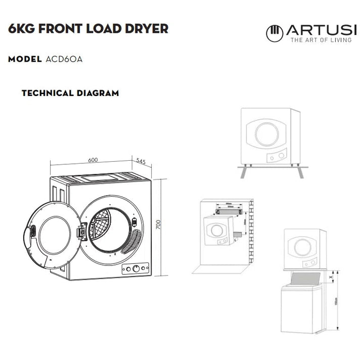 Artusi 6kg Front-Load Vented Clothes Dryer White