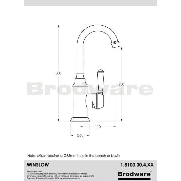 Brodware Winslow Basin Mixer Single Lever With Curved Swivel Spout