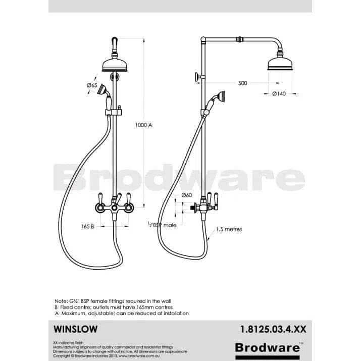Brodware Winslow Exposed Overhead Shower Set With Diverter And Hand Shower On Riser - Ceramic Disc