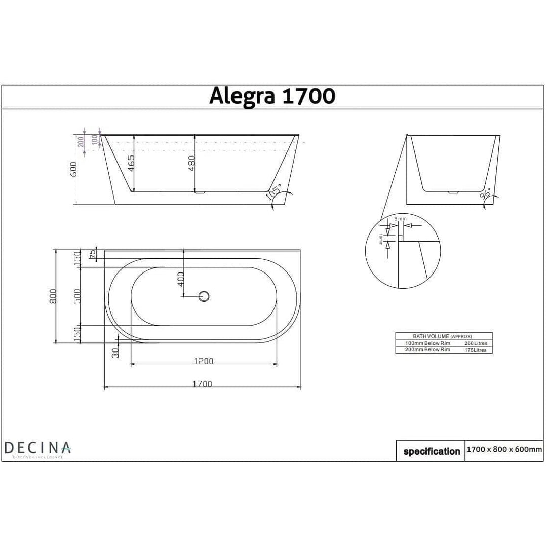 Alegra Back To Wall Black Freestanding Bath 1700