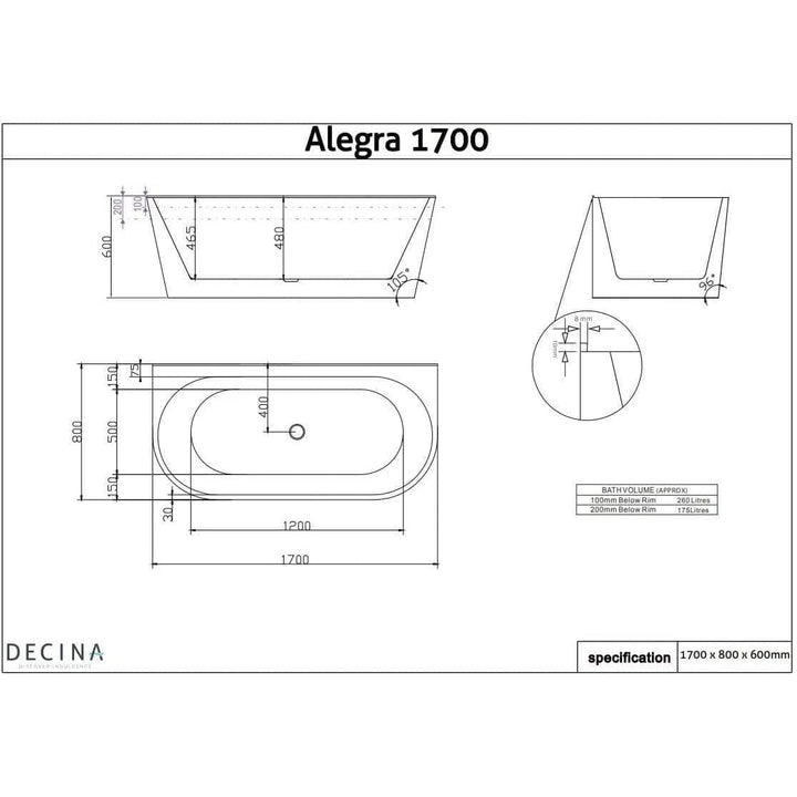 Alegra Back To Wall Black Freestanding Bath 1700
