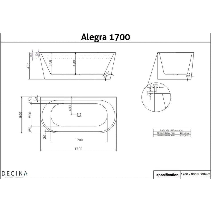 Alegra Back To Wall Black Freestanding Bath 1700