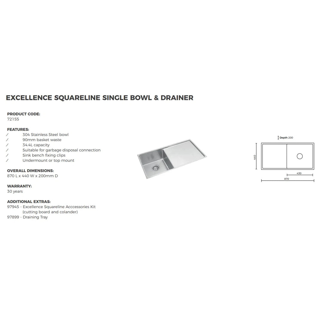 Excellence Squareline Single Bowl & Drainer