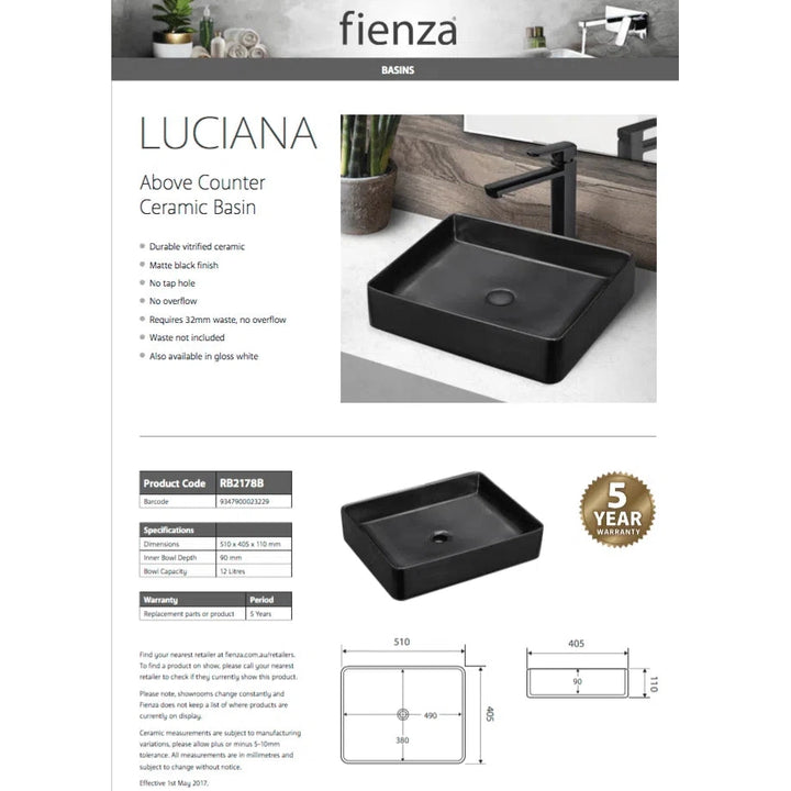 Fienza Luciana Matte Black Ceramic Above Counter Basin