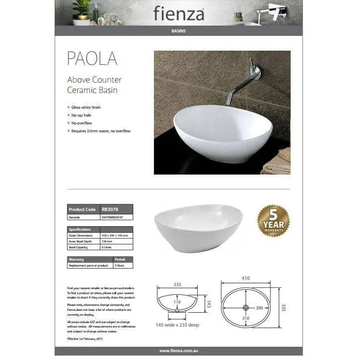 Fienza Paola Ceramic Above Counter Basin