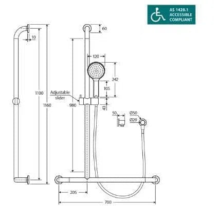 Fienza Luciana Care Inverted T Rail Shower - Chrome