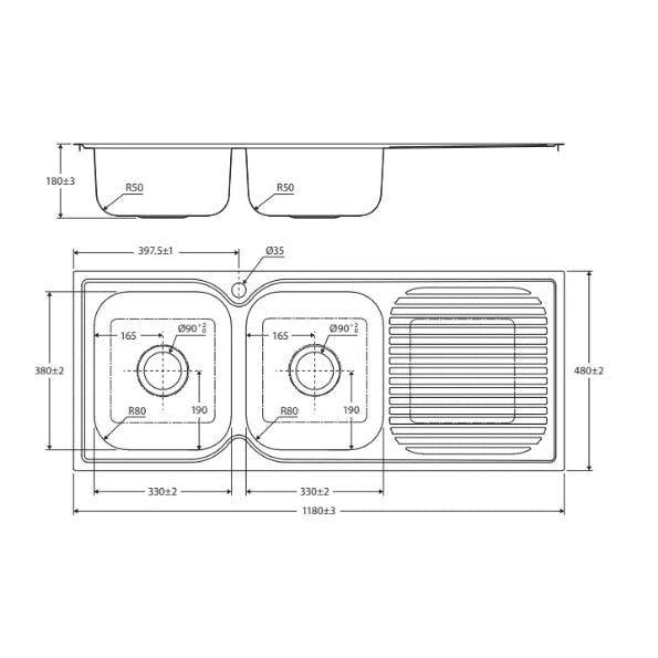 Fienza Tiva 1180 Double Kitchen Sink with Drainer Left Bowl
