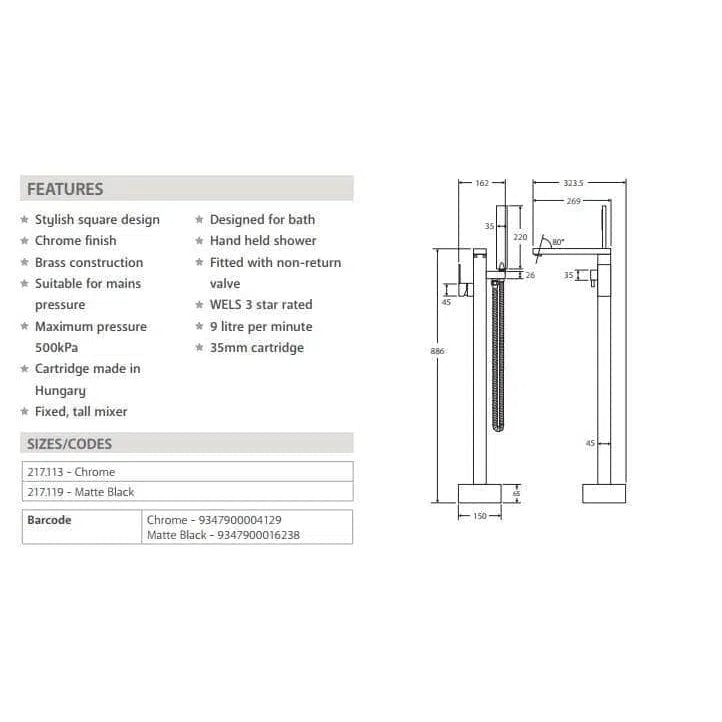 Fienza Jet Floor Standing Shower and Mixer