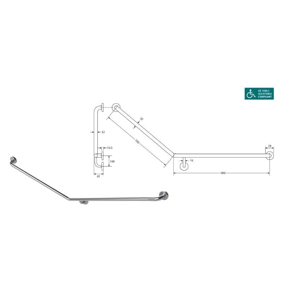 Fienza Care Accessible 40° Grab Rail - 900 X 700mm