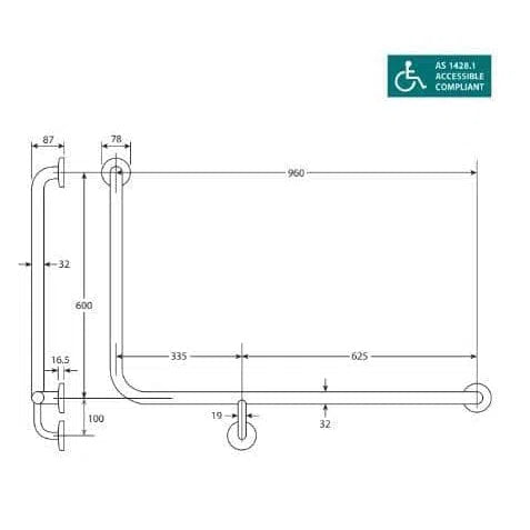 Fienza Care Accessible 90° Grab Rail - 960 X 600mm