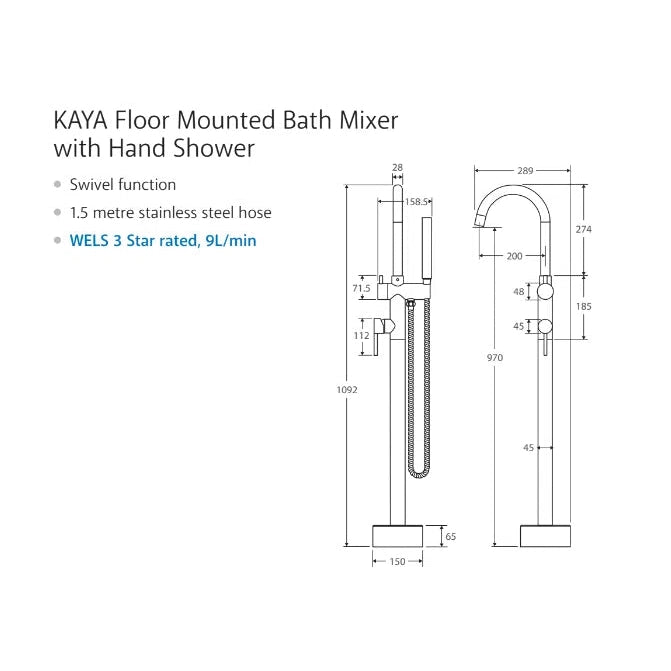 Fienza Kaya Floor Mounted Bath Mixer with Hand Shower