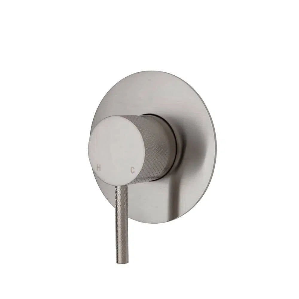 Fienza Axle Wall Mixer, Brushed Nickel, Large Round Plate
