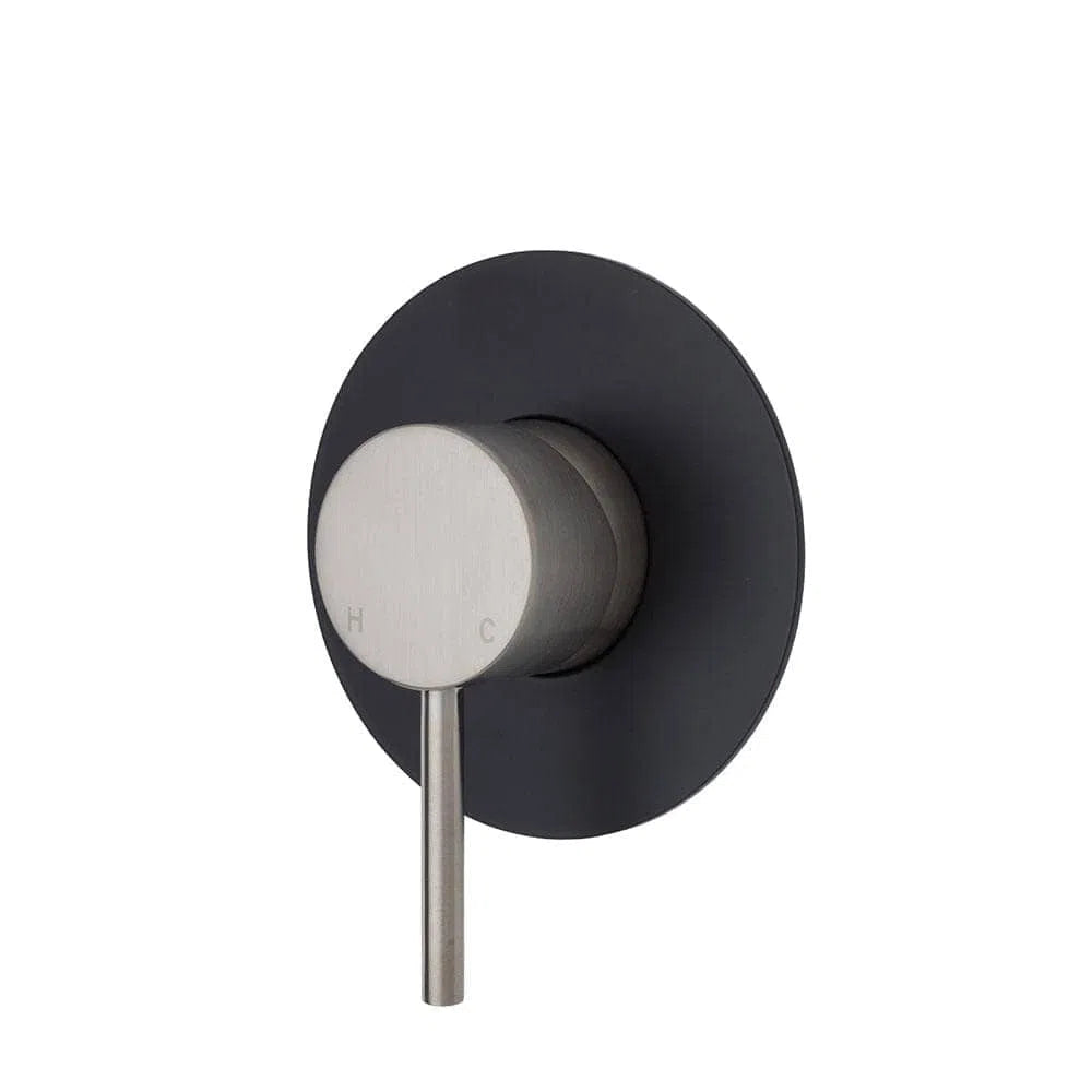 Fienza Kaya Wall Mixer, Brushed Nickel, Large Round Matte Black Plate