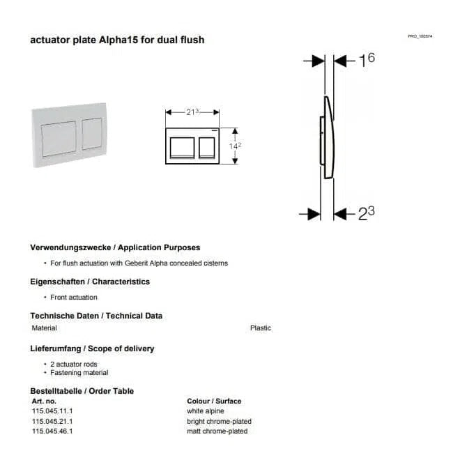 Geberit Alpha15 Actuator Flush Plate - Bright Chrome