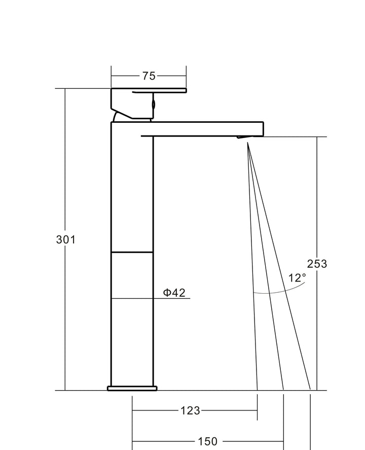 Alder EEVA2 extended basin mixer tap, lead-free vessel mixer tap line drawing