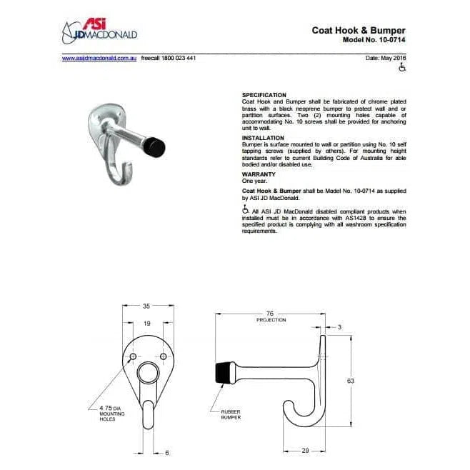 JD Macdonald Commercial Coat And Bumper Hook