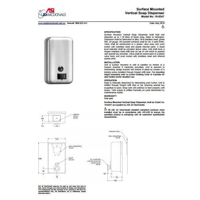 JD Macdonald Commerical Surface Mounted Vertical SS Soap Dispenser 1.18L