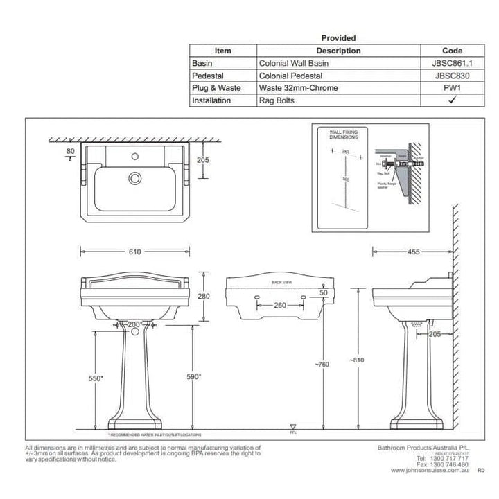 Johnson Suisse Colonial Pedestal Basin