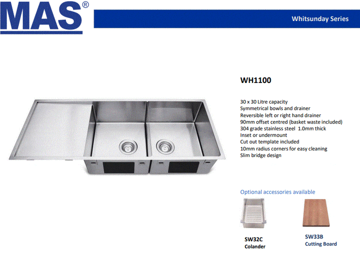 MAS Whitsunday Series Double Bowl Kitchen Sink Reversible Drainer