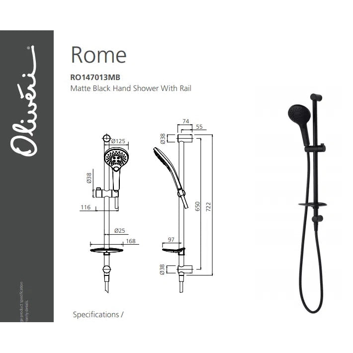 Rome Matte Black Hand Shower With Rail