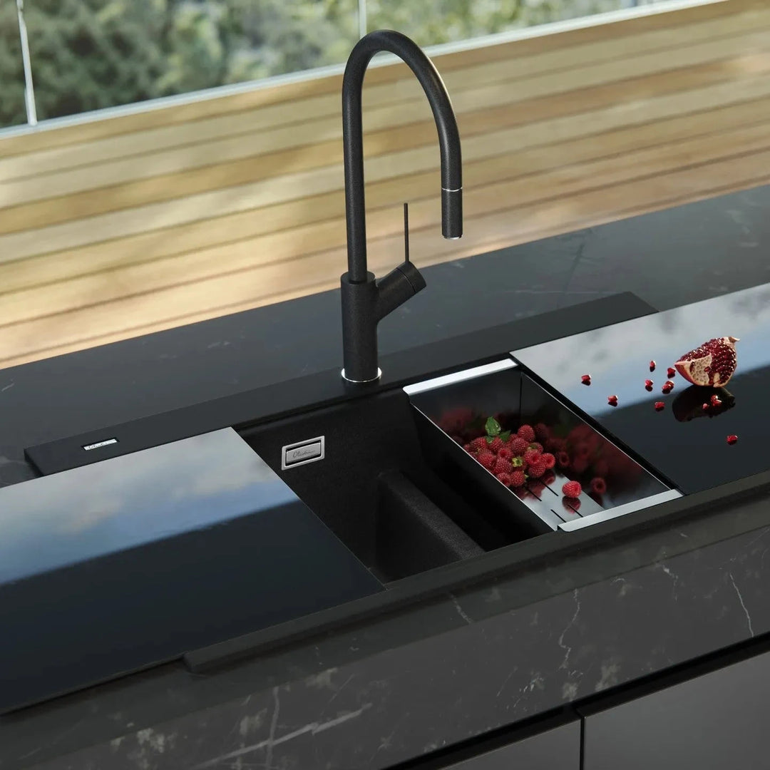 Oliveri Santorini Black Double Bowl Topmount Sink With Glass Top