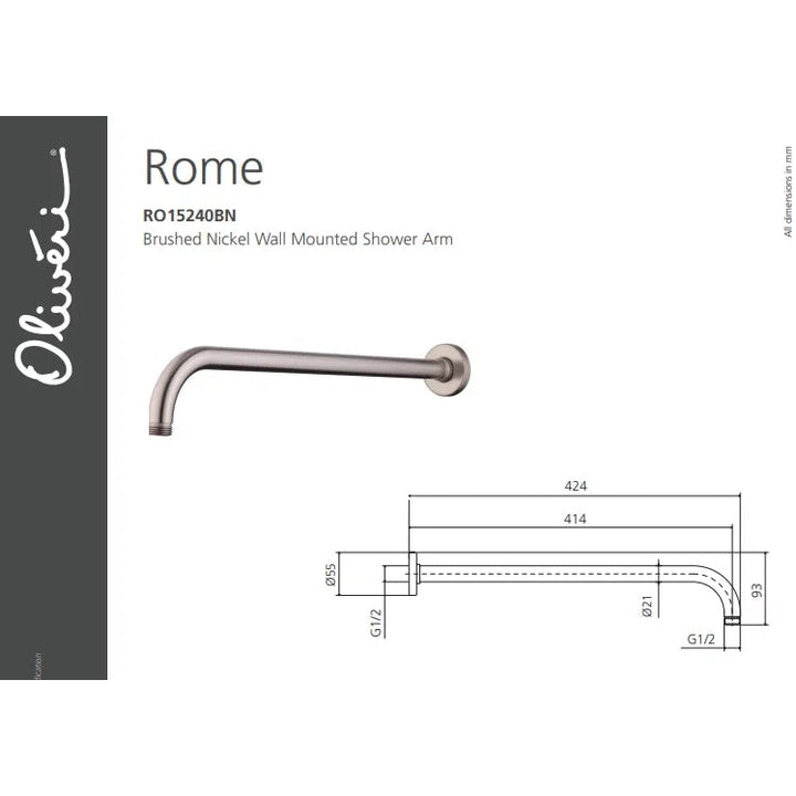 Oliveri Rome Brushed Nickel Wall Mounted Shower Arm