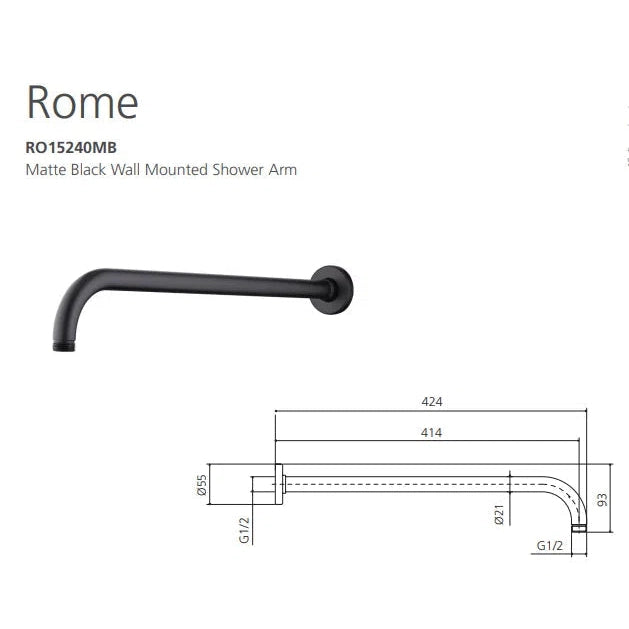 Oliveri Rome Matte Black Wall Mounted Shower Arm