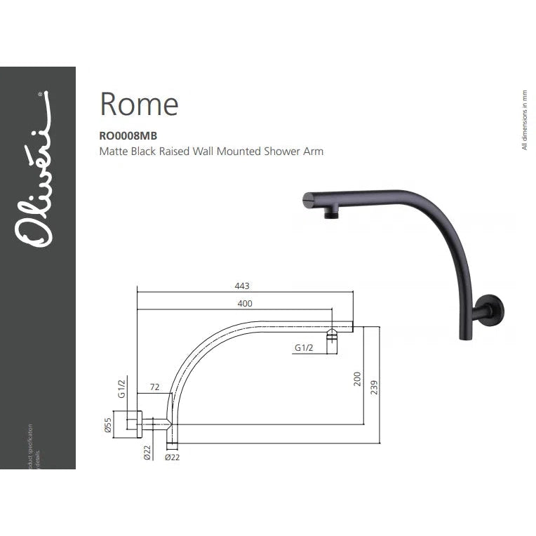 Oliveri Rome Raised Wall Mounted Shower Arm - Matte Black