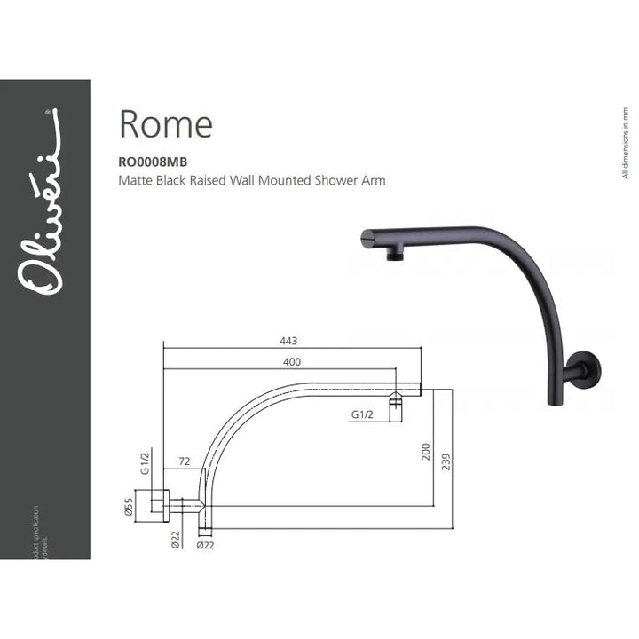 Oliveri Rome Raised Wall Mounted Shower Arm - Matte Black