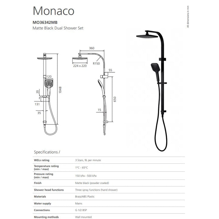 Monaco Matte Black Dual Shower Set