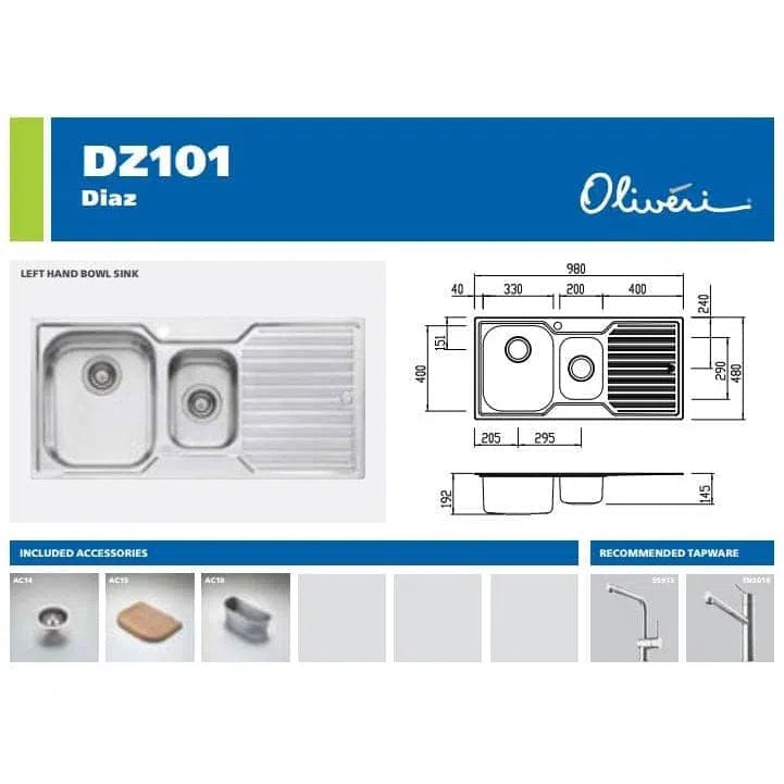 Oliveri Diaz 1 & 1/2 Bowl Topmount Sink With Drainer