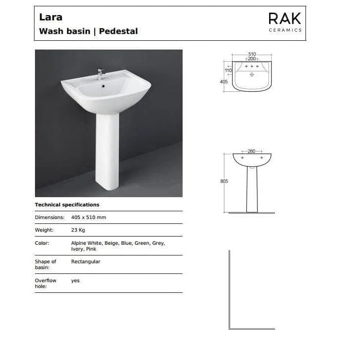 RAK Lara Pedestal Basin White Or Ivory