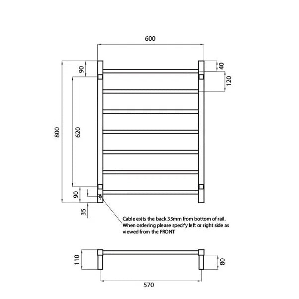 Radiant Square 7 Bar Heated Rail 600mm x 800 Gun Metal