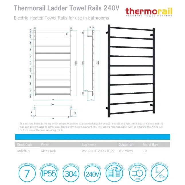 Thermogroup Matt Black Straight Round Heated Ladder Rail - W700 x H1200