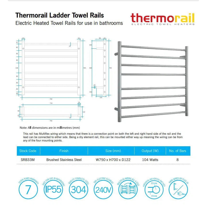 Thermorail Brushed Straight Round Ladder Heated Towel Rail