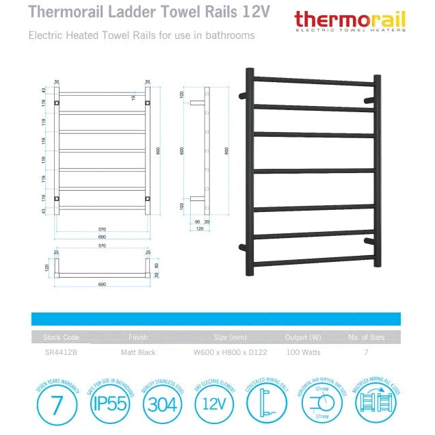 Thermogroup 12Volt Matt Black Round Heated Ladder Rail
